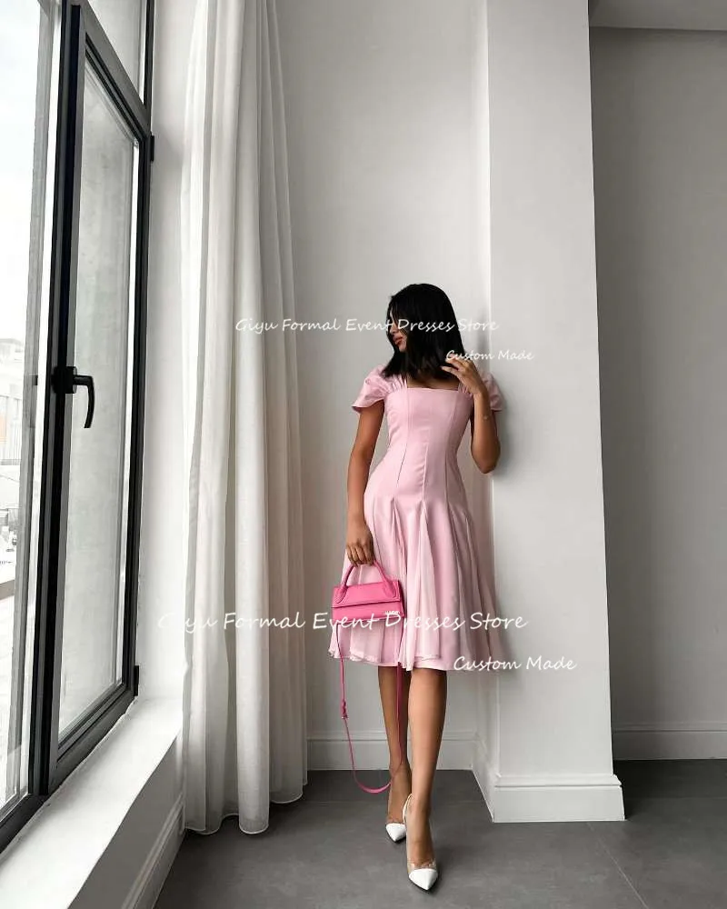 Giyu Pink Short Evening Dresses Arabic Women Knee length Cap Sleeves Square Neck Formal Party Event Dress