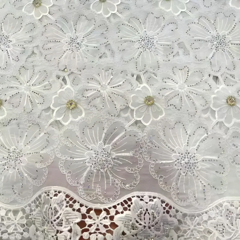 

Newest Floral Embroidered Hollow Out Chiffon Guipure Lace Fabric Rhinestones African French For Sewing Party Dress 5 Yards