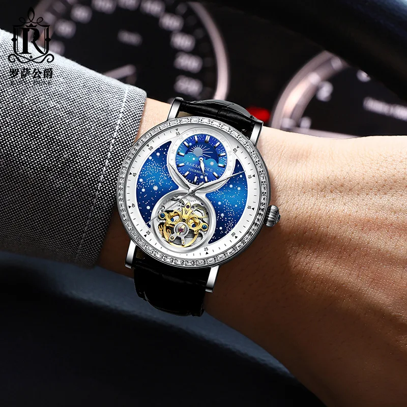 Starry Tourbillon Skeleton Automatic Watch for Men Luxury Diamond Moon Phase Mechanical Mens Watches Waterproof Montre Homme New