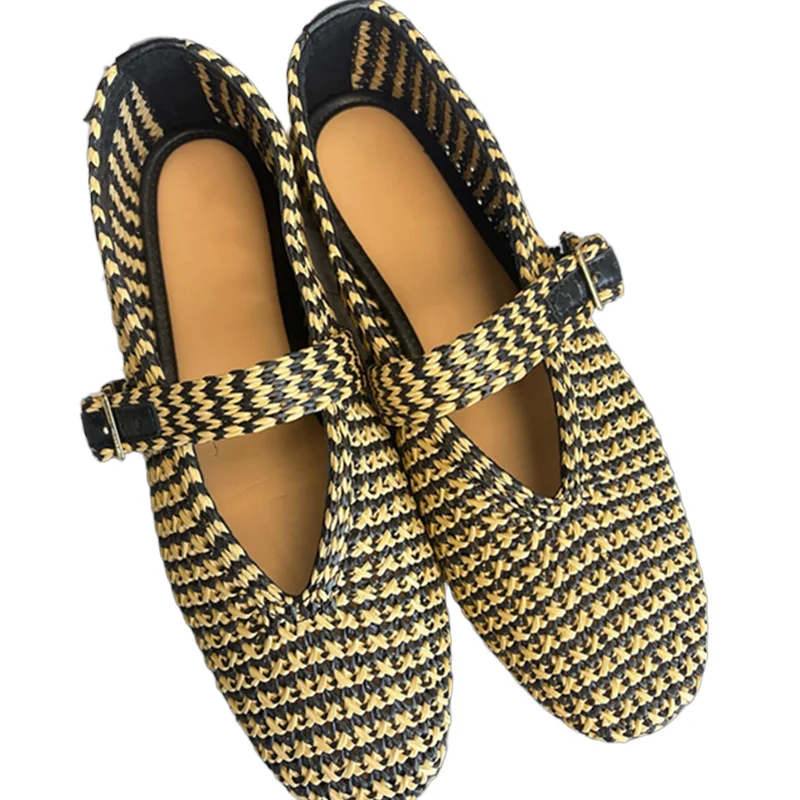 

Withered Minimalist Hand-Woven Mary Jane Shoes Summer Raffia Comfortable Genuine Leather Flat Shoes Loafers Women