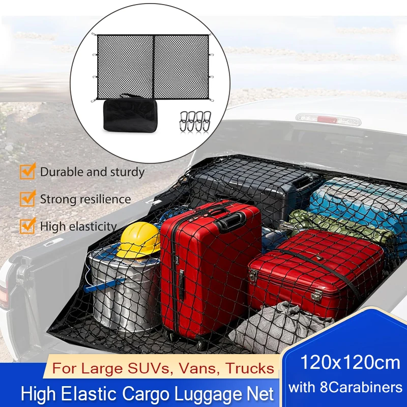 

120x120cm Highly Elastic Cargo Net Truck Bed Cargo Mesh Organizer Stretchable to 210x210cm Suitable for SUVs Trucks