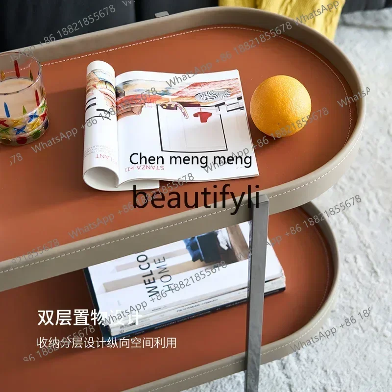 k182zx1Saddle leather Stainless steel frame with wheels Movable trolley Coffee table side table