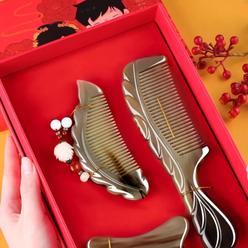 

Natural pure horn comb genuine gift box wedding lady gift practical high-end