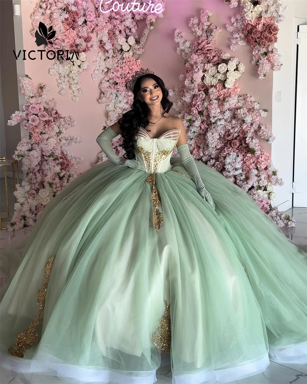 

Sage Green Sequined Lace Appliques 15 Quinceanera Dresses 2024 Beaded Lace-up Corset With Gloves Sweetheart Ball Gown Customized