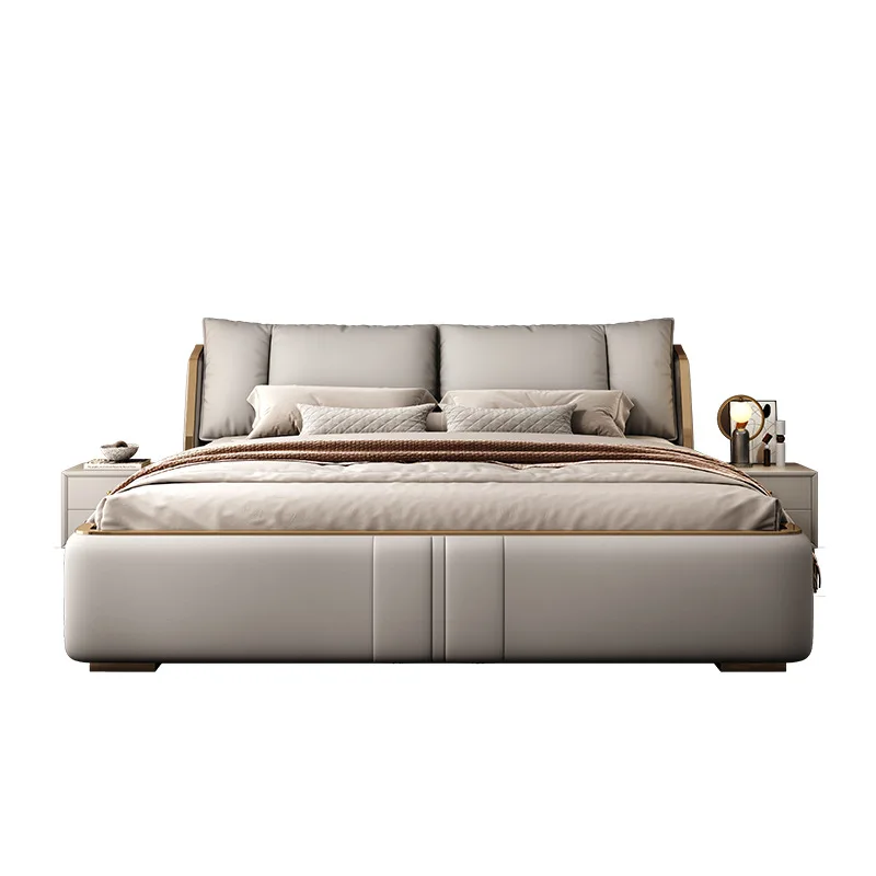 

Master bedroom, Italian bed, leather household solid wood soft bag, storage, wedding bed