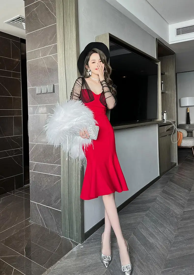 Dress for women autumn dress lady temperament perspective mesh splicing long sleeve hip fishtail dress