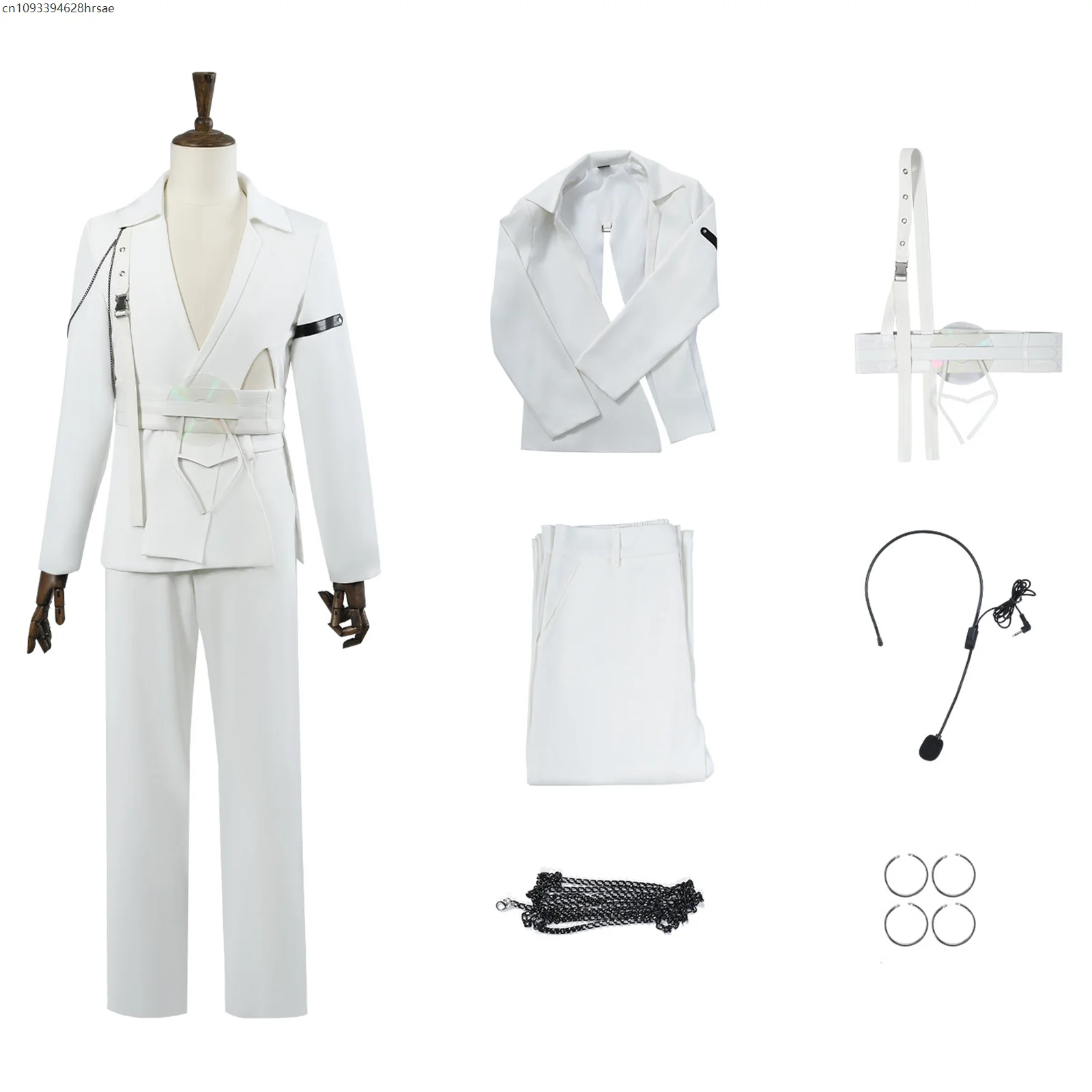 

Anime Cosplay Costume Wigs White Suit Headset Ring Set Fancy Party Clothing Halloween Party Role Play Outfit For Men