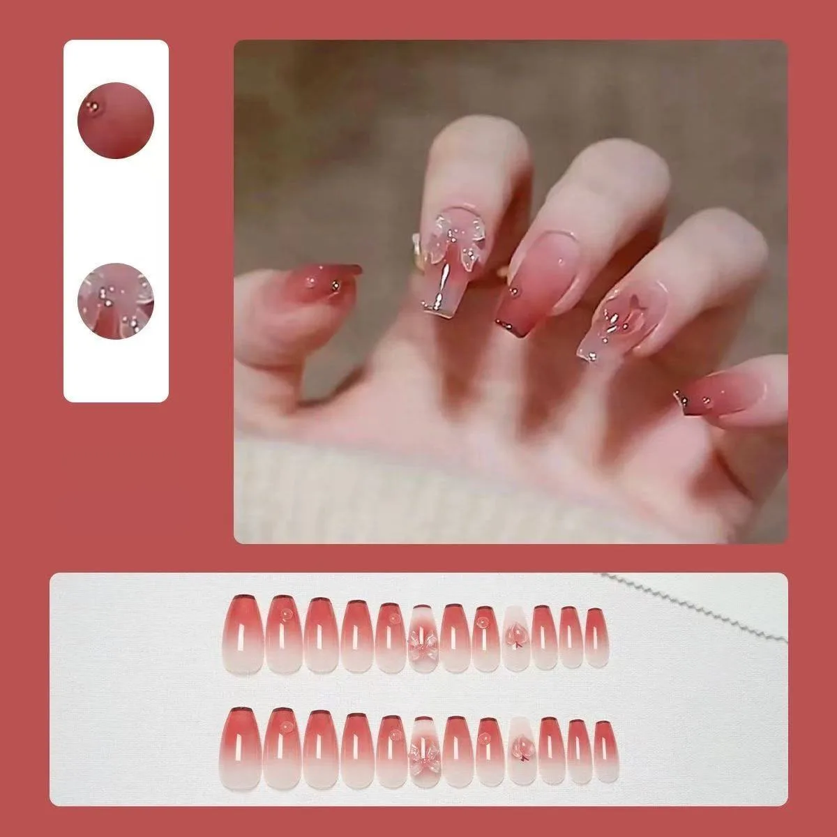 أومبير الصحافة على الأظافر الشمسية اللون تغيير الأظافر الخوخ 24 قطعة مجموعة ثلاثية الأبعاد القوس القلب تصميم الأظافر كاذبة هدية صندوق مانيكير