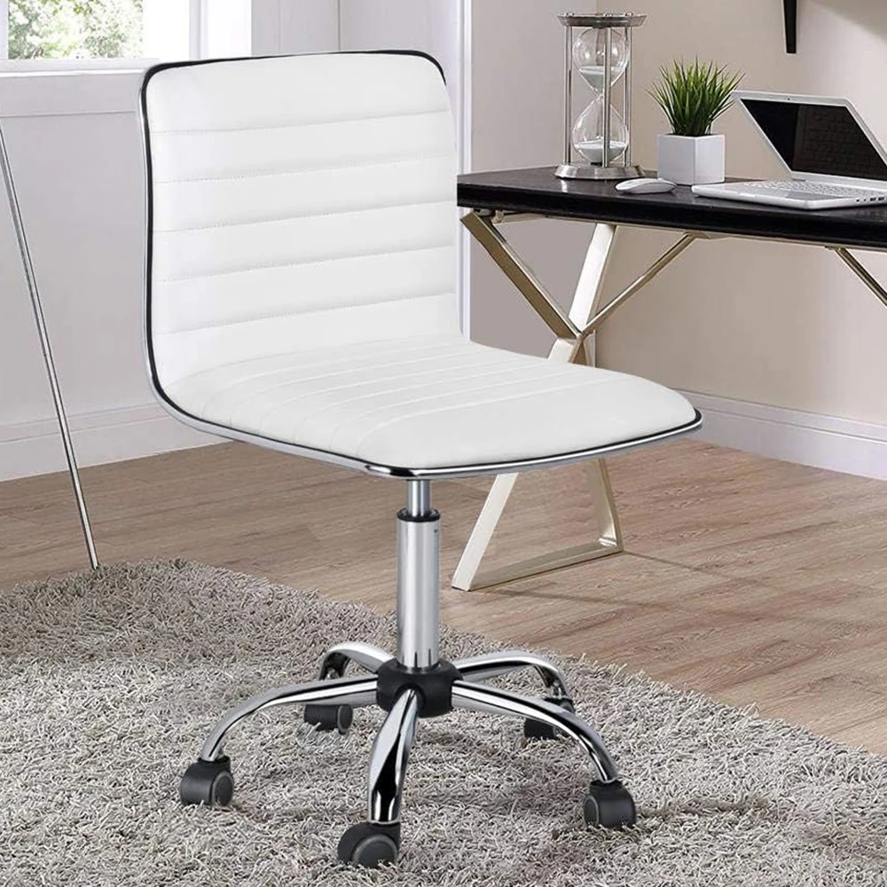 Leather Office Task Chair, Low Back Ribbed Chair, Armless Swivel Desk Chair Office Chair with Wheels, White - view 4
