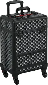 Rolling Makeup Train Case with Wheels, Lockable Travel Trolley, Sliding Drawers, Removable Divider in Black/Red