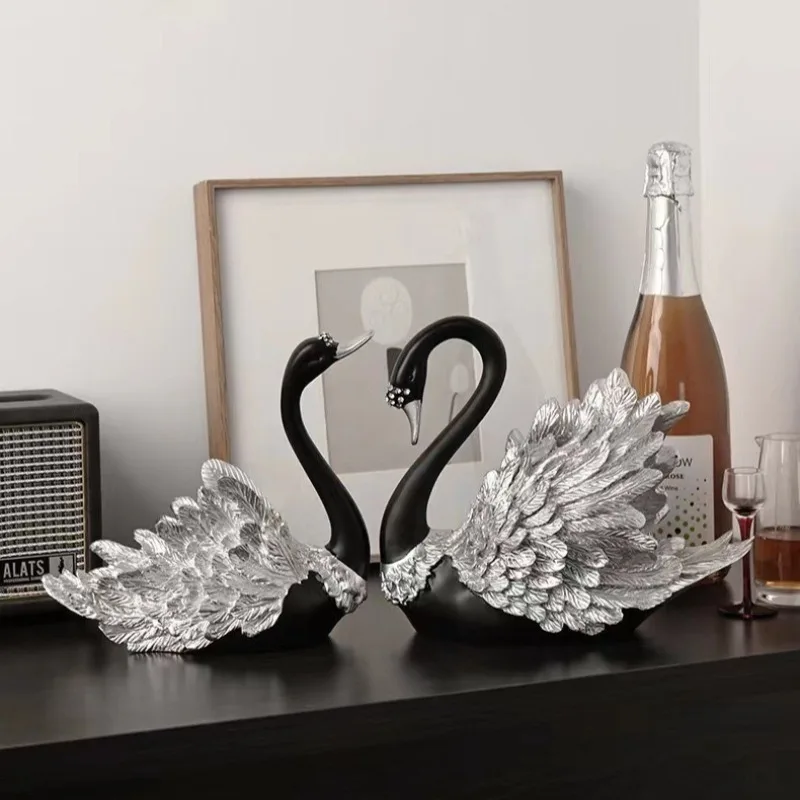 Luxury Living Room Sculpture Couple Swan Wine Cabinet TV Ornament Sculpture Creative Art Figurines Tabletop Modern Home Decor