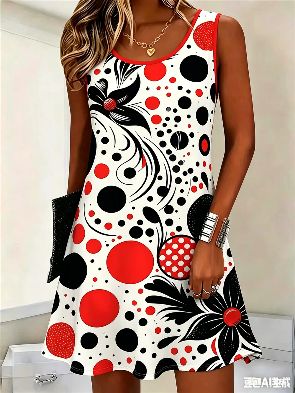 Round Dot And Floral Pattern Women Mini Dresses Sleeveless 3D Printed Ladies Flower Casual Dress 3XL Plus Size Loose Dress