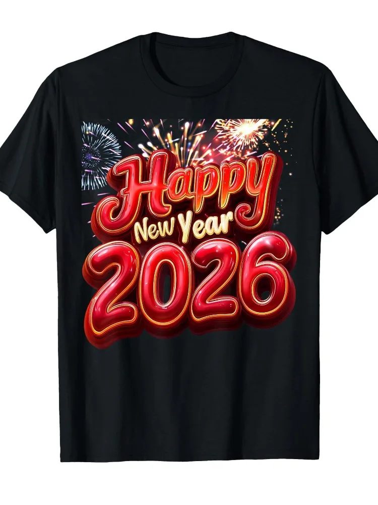 

2026 New Year Christmas Gold Sequins Fireworks Print T-Shirt Soft and Breathable Casual Streetwear Top Unisex Short-Sleeve Shirt