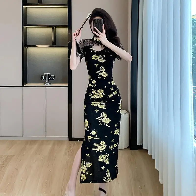 Women's 2024 New Retro Slim Dress Short Sleeve Split Fashion Cheongsam Prom Dresses