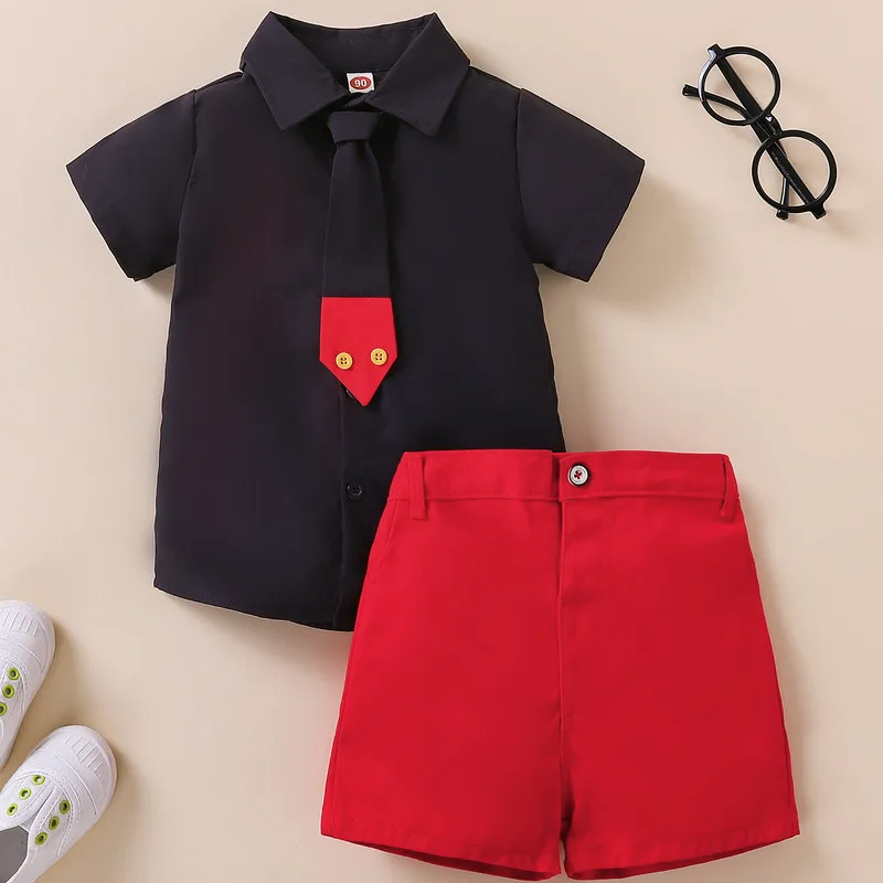 2 Pieces Kids Suit Set, Summer Contrast Color Lapel Short Sleeve Shirt with Necktie+ Short Pants for Boys, 1-8 Years