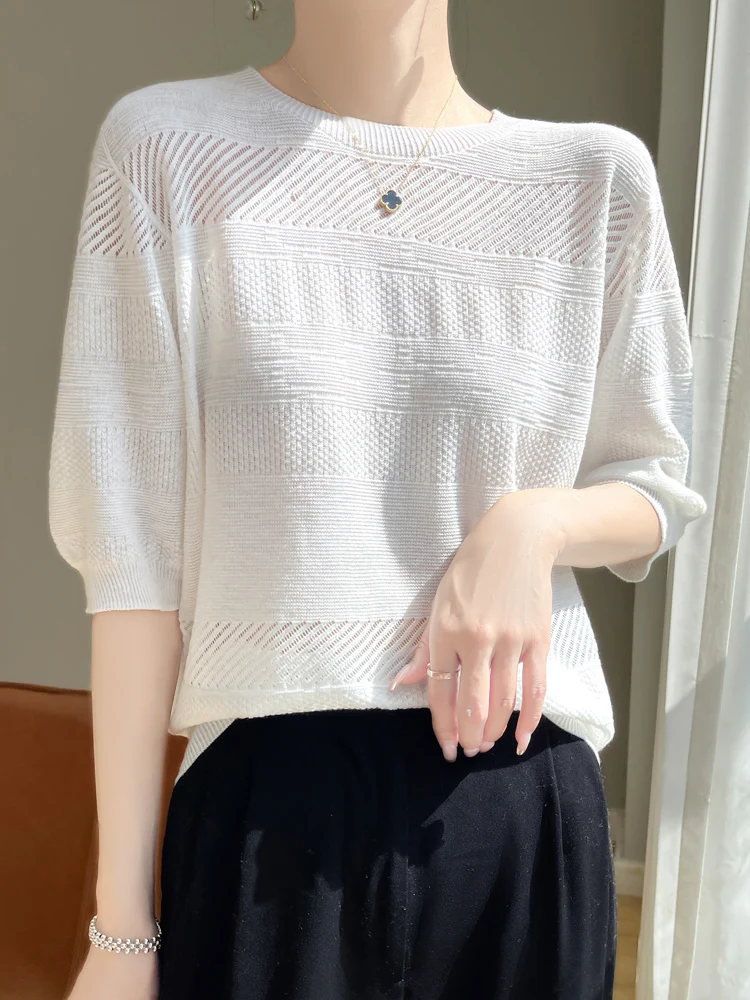 New Chic Women Half Sleeve O-neck Hollow Wool Pullover Sweater Office Lady Grace T-shirt 30% Merino Wool Knitwear Korean Tops