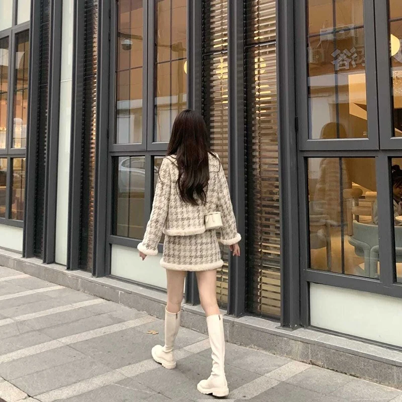 Women socialite autumn and winter new high-end plaid jacket+half skirt stylish thousand bird plaid elegant two-piece set