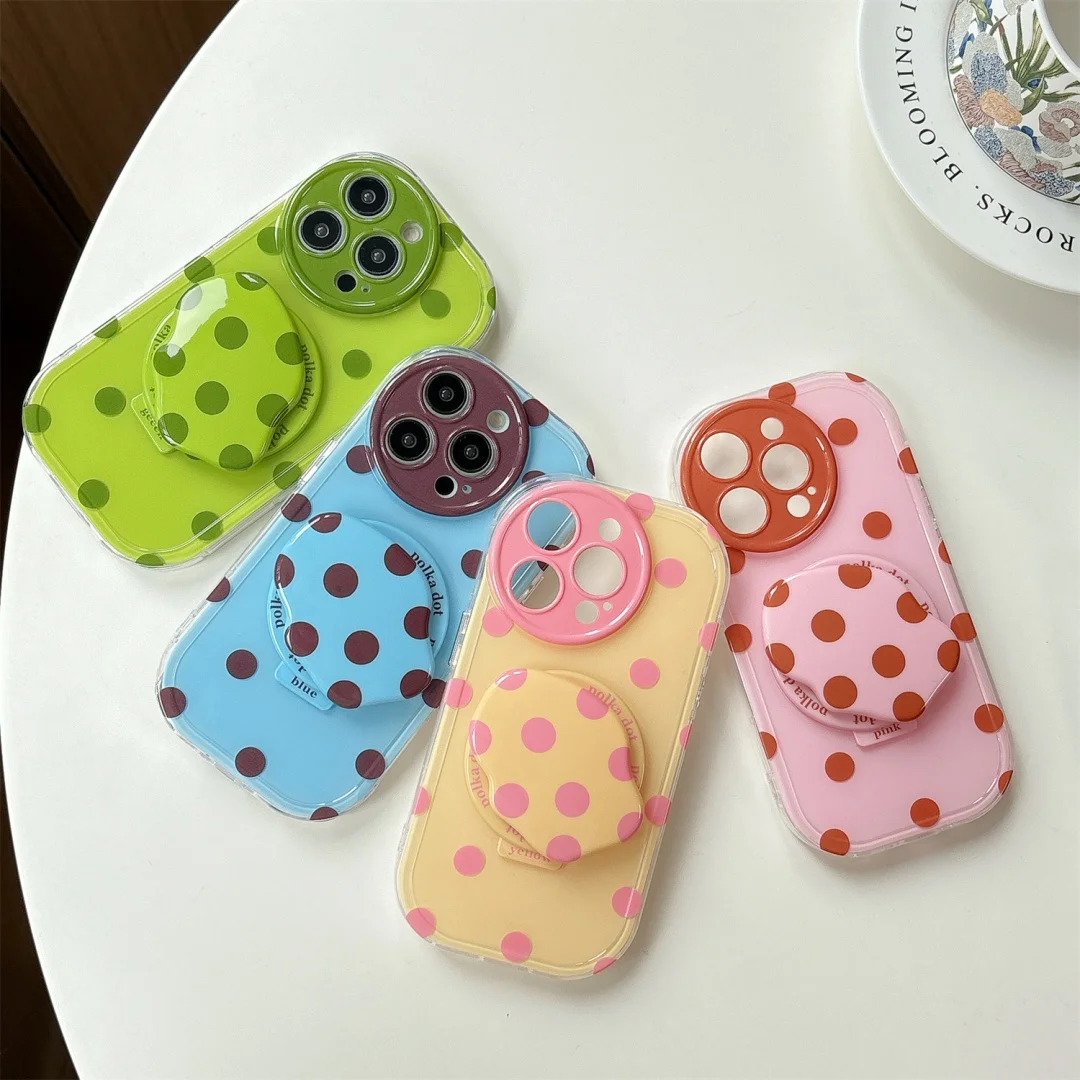 

Korea Cute Polka Dot pattern with Same Magnetic Bracket Phone Case For iPhone 14 15 16 Pro Max Trendy Aesthetic Anti fall Cover﻿
