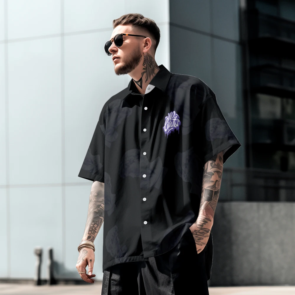 Street casual style simple print summer thin lapel T-shirt men's short-sleeved shirt loose plus size clothes