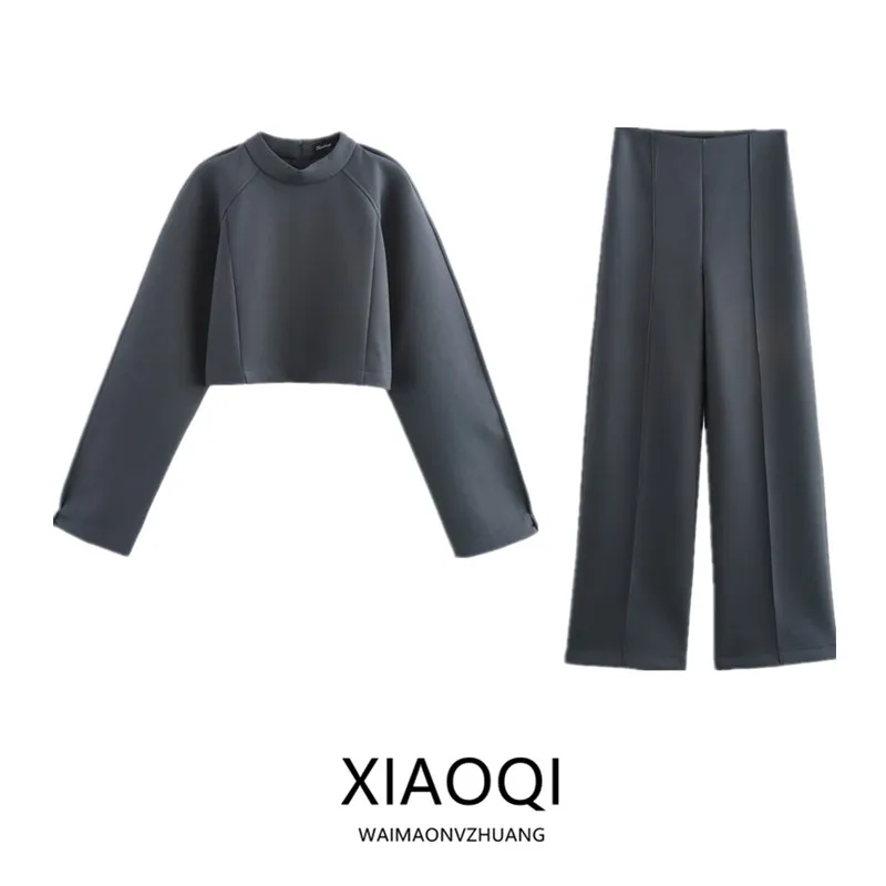 

Women's High Waist Long Sve Semi High Collar ort Top And Long Pants Autumn Winter New Arrival Faion Set