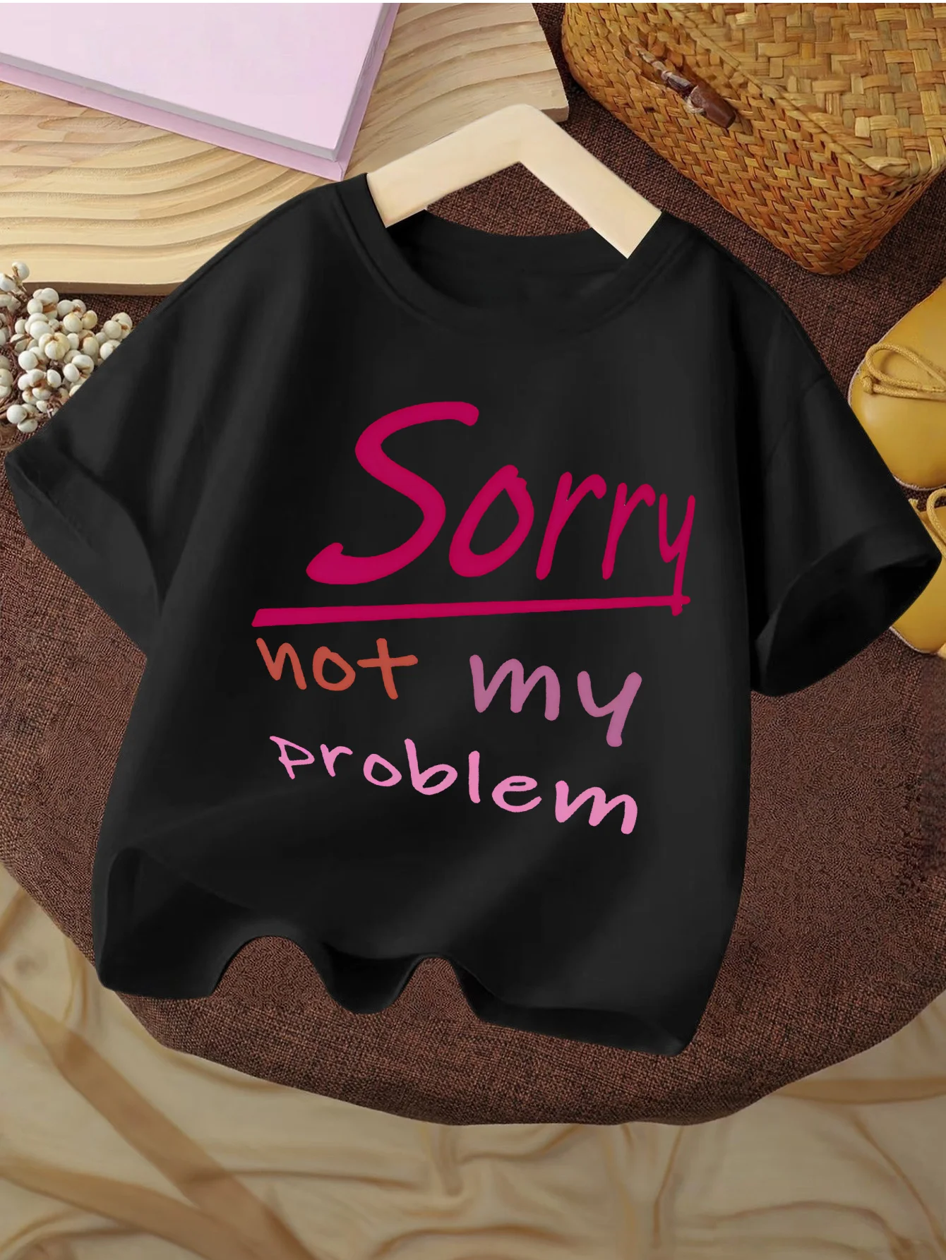 Kids T Shirt Sorry Not My Problem Handwritten Letter Graphic Short Sleeve Cotton Tops For Boys Girls Daily Casual Outfit