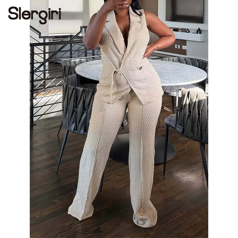 

Slergiri Women Solid Color Notched Neck Suit Vest + High Waist Straight Leg Pants Summer Office Ladies Casual 2 Pieces Set
