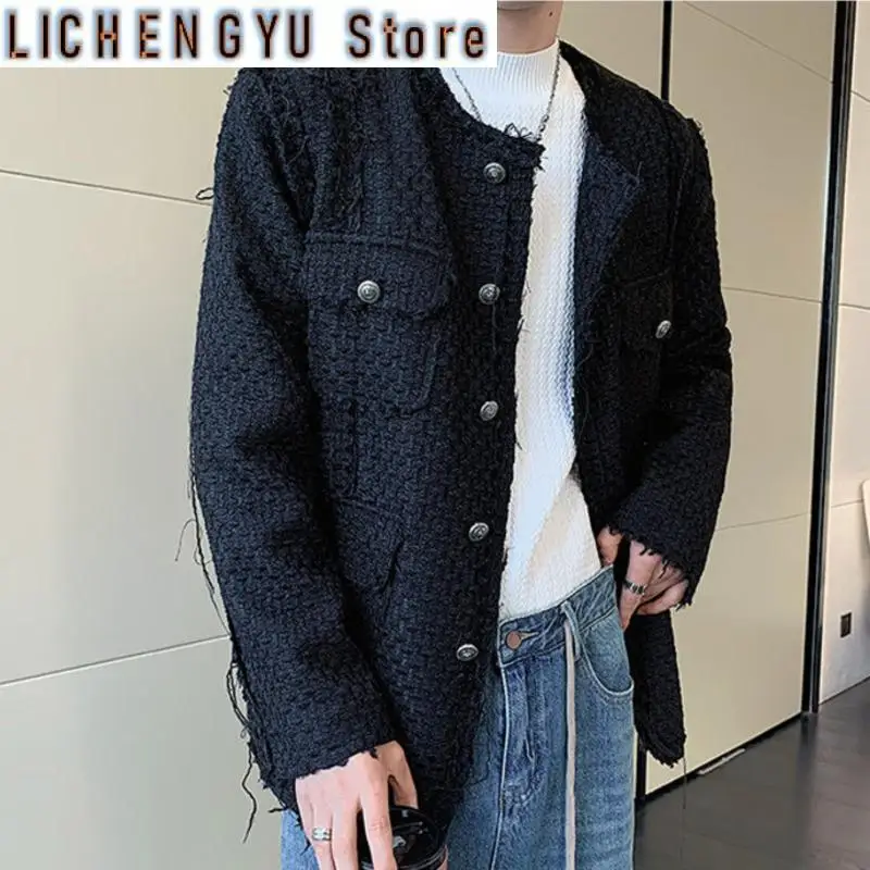 

Winter Men Tweed Jackets Solid Color O-neck Long Sleeve Button Casual Men Coats Streetwear Fashion Fur Edge Thick Outerwear