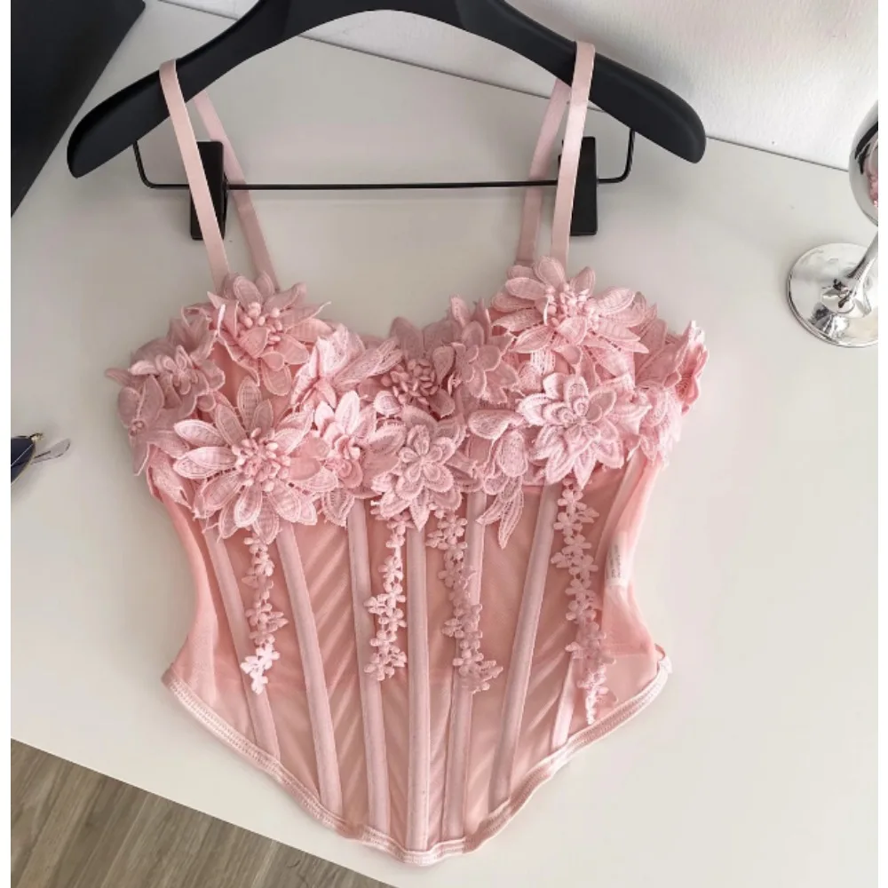 Sexy Three-dimensional floral sleeveless Tanks Top Vintage Corset Bustier Korean Women Party Sling Top Y2k