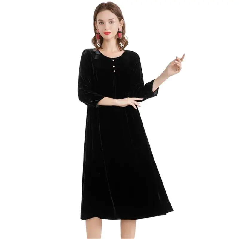 

Women Three Quarter Sleeve velour party Dress O-neck Button Pleated Ruffle velvet Dresses Spring Autumn Vintage Party Dress