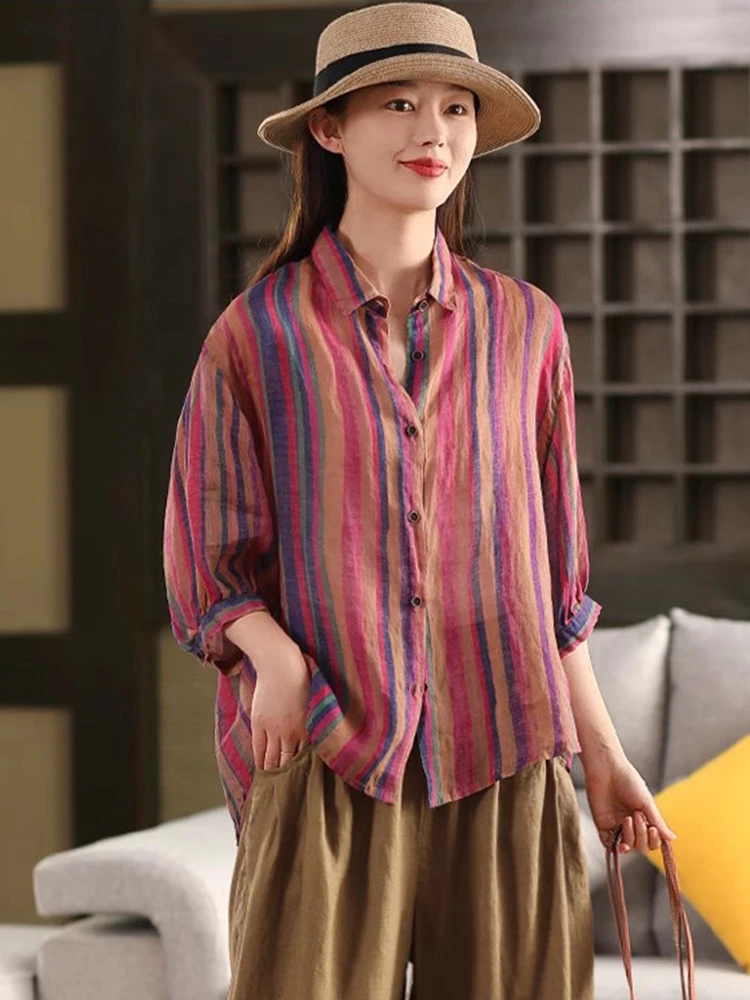 

Women Casual Ramie Shirt New Arrival 2025 Summer Vintage Style Colorful Striped Loose Comfortable Female Tops Shirts T656