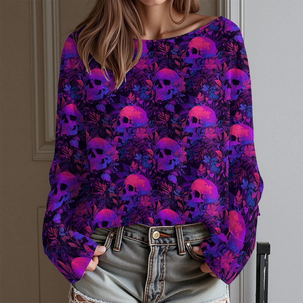 

Красочная женская рубашка с открытыми плечами и длинными рукавами с принтом черепа и розы, осенне-зимняя модная уличная одежда, сексуальный толстовка в стиле панк на Хэллоуин