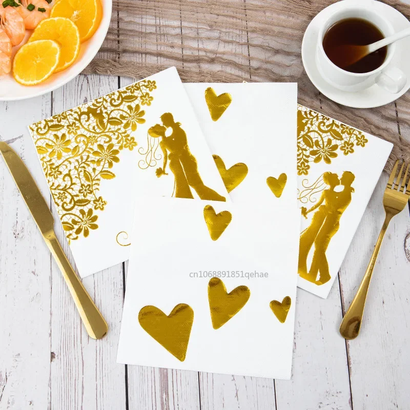 100/20pcs Wedding Paper Napkins Sparkle Golden Bride Groom Table Napkins 33x33cm Two-Layers Home Hotel Wedding Party Table Decor