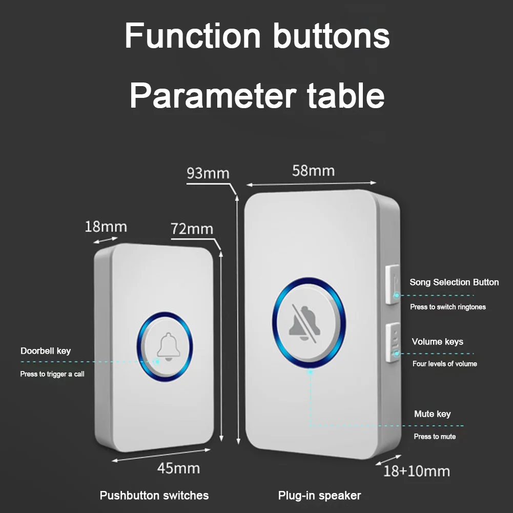 Wireless Doorbell Household Cordless Doorbell with 1 Receiver Classroom Door Bell Kit 4 Volume Level for Home Office Hospital