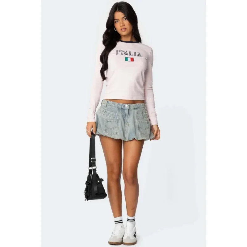 تنورة نصف من قماش الدنيم بجيب ثلاثي الأبعاد لصيف 2025 الأوروبية والأمريكية، تنورة قصيرة برعم الزهور الأمريكية المتخصصة