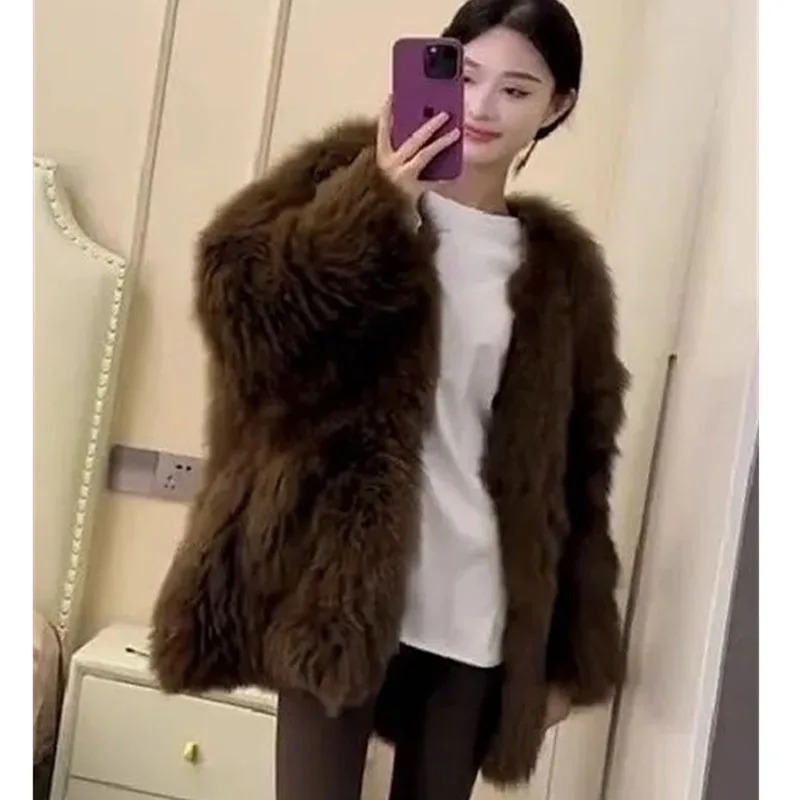 Chaqueta de felpa de manga larga para mujer europea, abrigo de piel sintética de Color sólido a la moda para mujer, prendas de vestir de piel de alta gama para Otoño e Invierno 2025