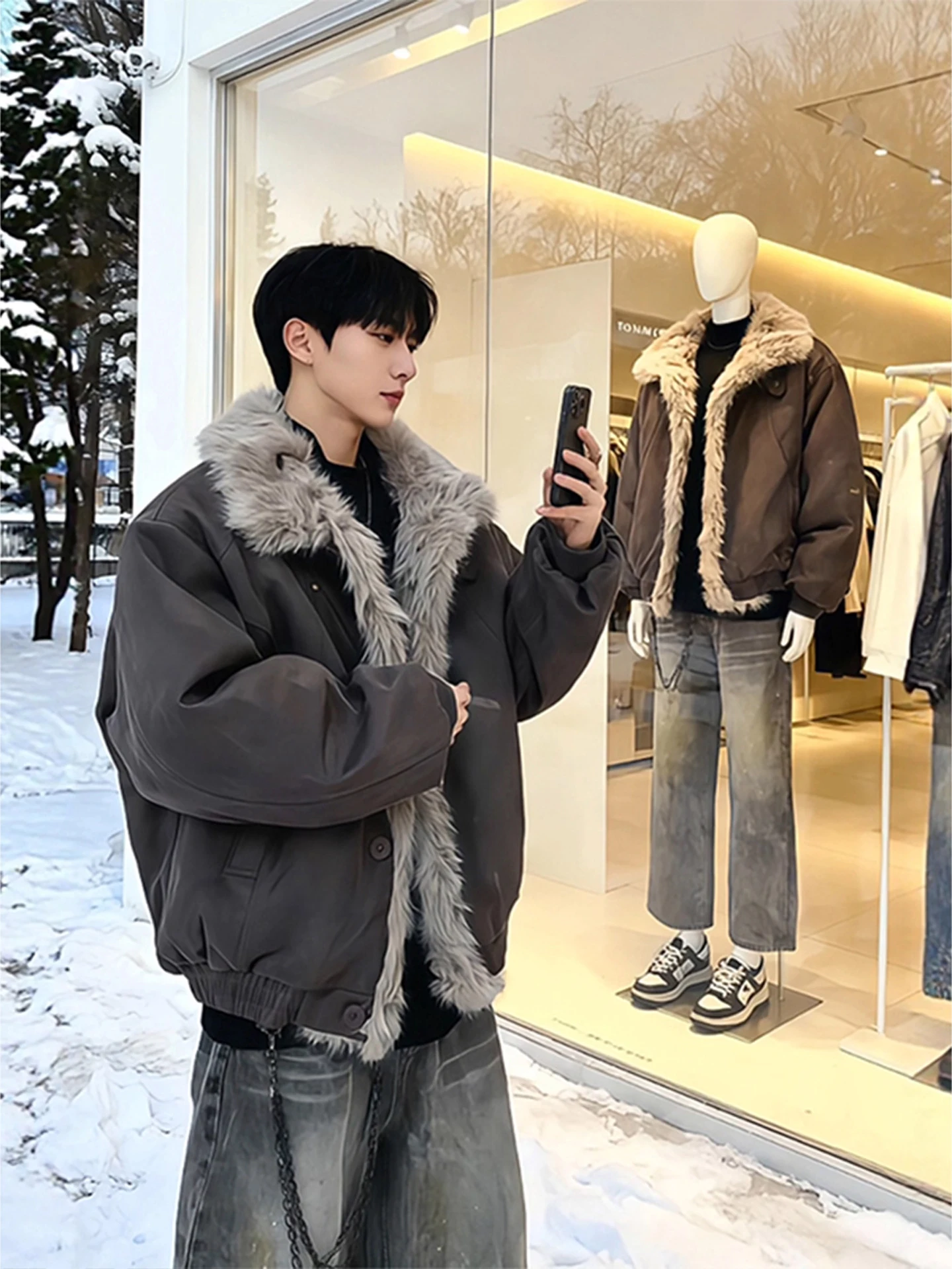 

American Sle ort Thiened Suede Cotton Jaet for Men Winter Warm Stand Collar Coat Cleanfit Polyester Fiber Youth Faion