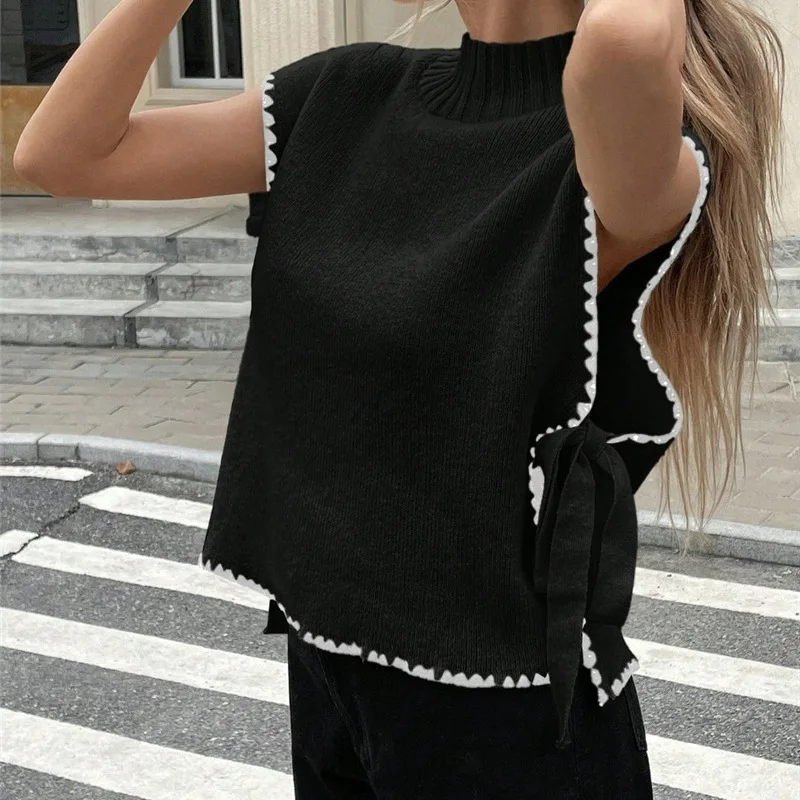 

Элегантный женский жилет без рукавов в британском стиле с бантом, цветными блоками и модным дизайном из кроличьего меха для уличного стиля