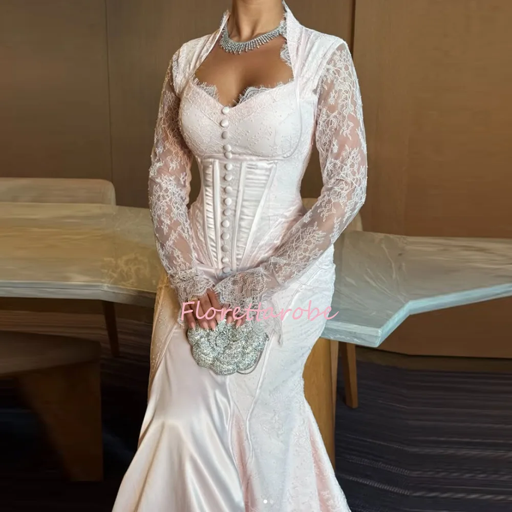 Simple Evening Dresses Buttons Fashion Mermaid Women's Prom Dress Party Gowns Lace Long Sleeve Satin Vestidos De Novia Customize