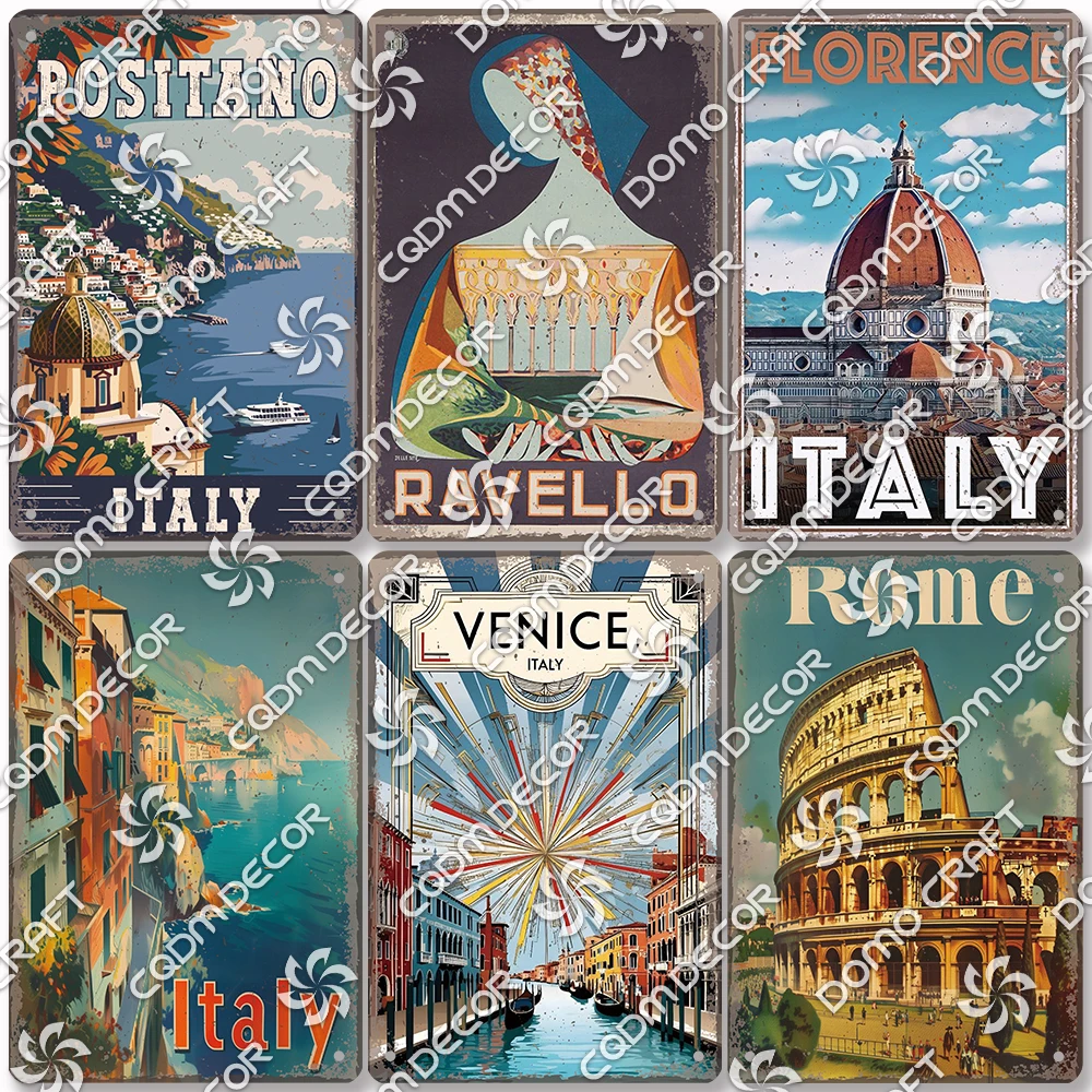 Travel Italy Scenery Plaque Metal Tin Signs, Florence Milan Rome Venice Poster Metal Plates, Retro Wall Decor Cafe Hotel Home