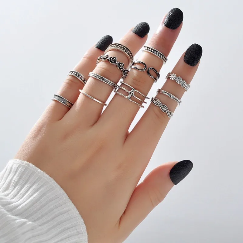 LENNIK New Trendy and Fashionable Seaside Toe Ring Set, 12 Piece Retro Antique Silver Cross-border Foot Ring, Toe Ring, Ring