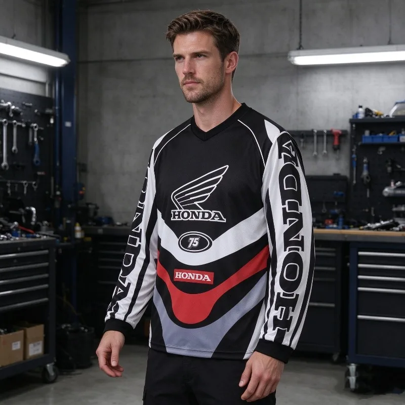 Summer New Family Matching Black O-Neck Long Sleeved Racing Suit Motocross Oversized Breathable Casual Sports Top Men Women