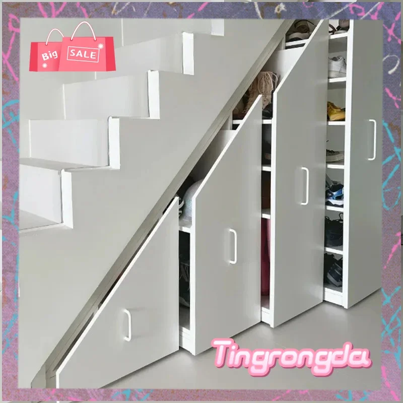 Y Lockers under the stairs Customized pull-out shoe cabinets Stairwell space Utilization of oblique angle doors Oblique angle