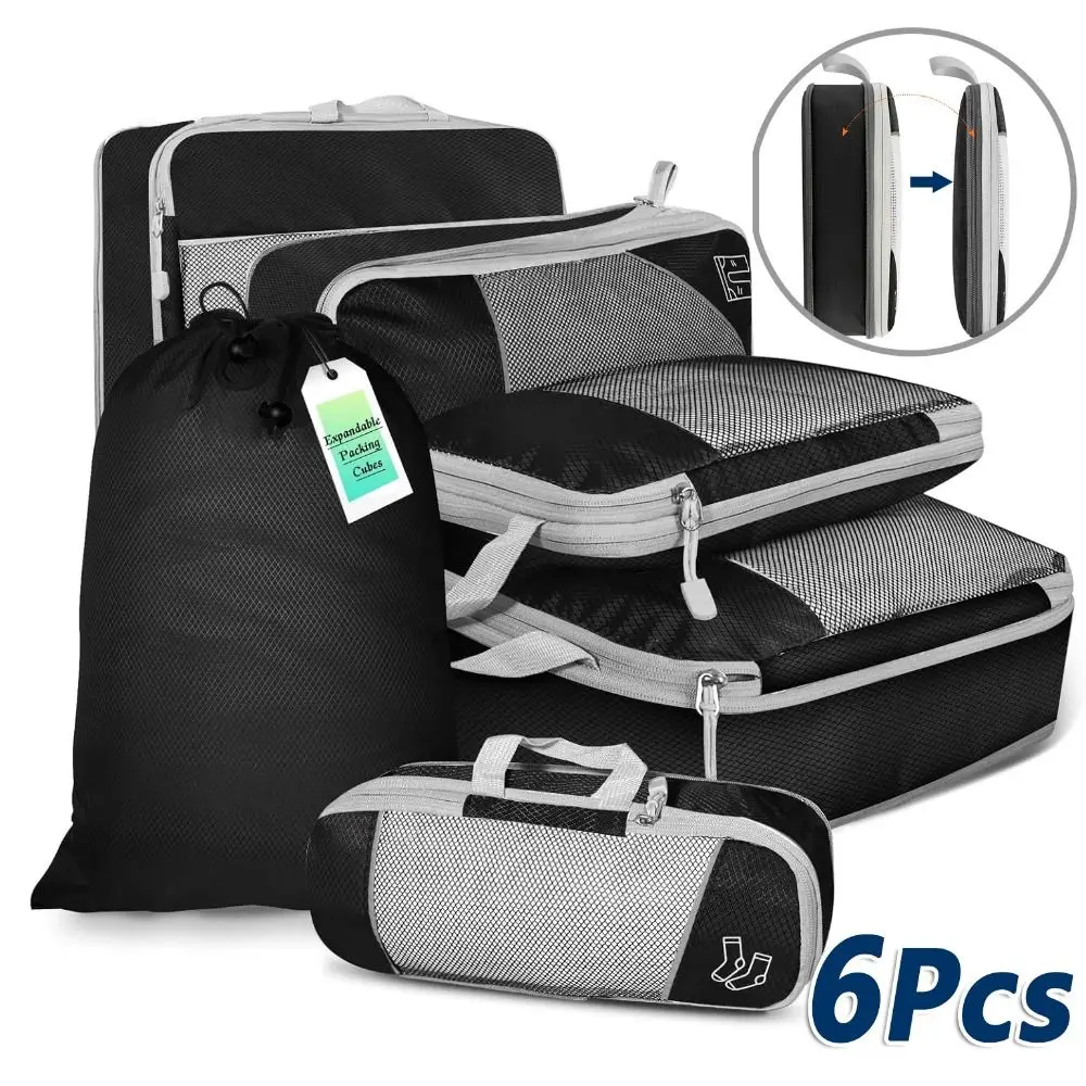 

6PCS Lightweight Travel Packing Cubes Set Space-Saving Multi-Functional Compression Luggage Organizer Visual Mesh Expandable