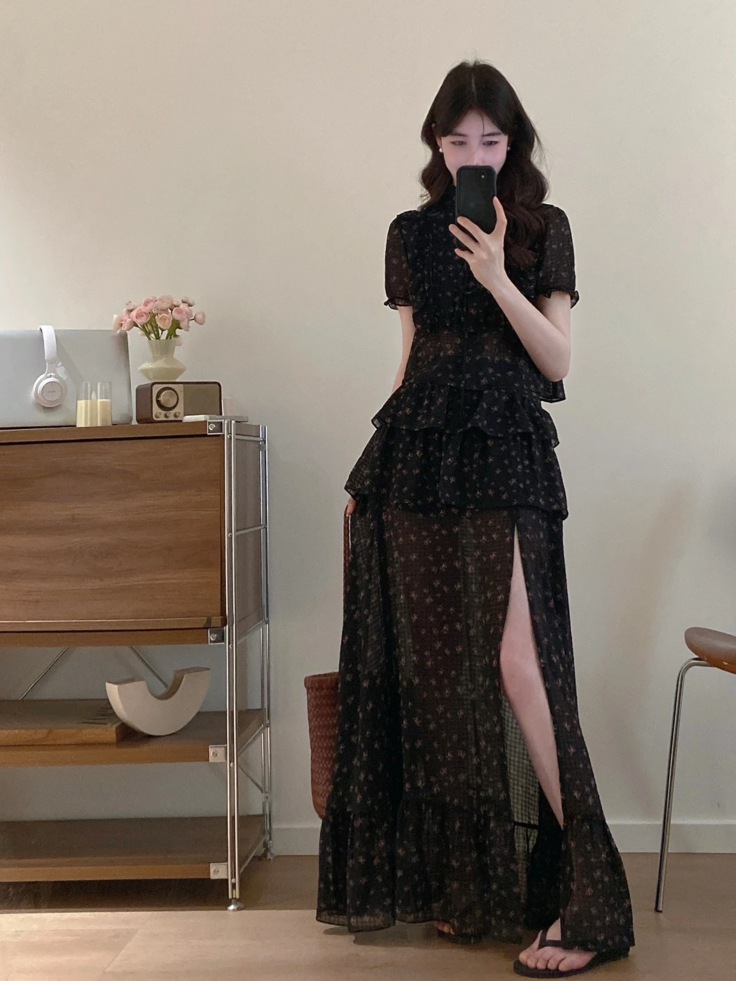 Summer Outfit Women's plus Size Floral Short Sleeve Chiffon Shirt Asymmetrical Design Split Half Skirt Two Piece Set Casual Wear