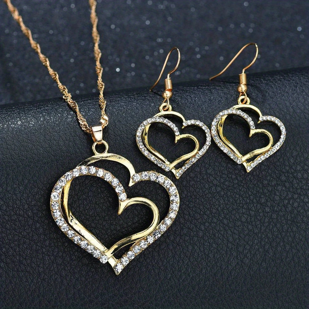 3Pcs Double Hollow Love Heart Jewelry Set With Pendant Necklace & Drop Earrings Inlaid Shiny Zircon Vintage Style Jewelry Set