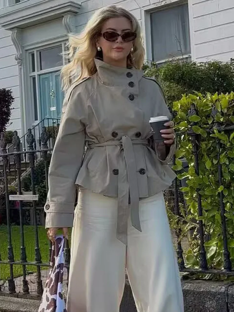 

HH женский новый модный двубортный плащ с карманами на шнуровке, куртка с длинными рукавами, женское осеннее повседневное уличное короткое пальто