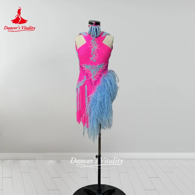 Adult&Teenagers Rose Color Latin Feather Style Dress Women Chacha Salsa Competition&Perform Clothing Customize Dancer's Vitality