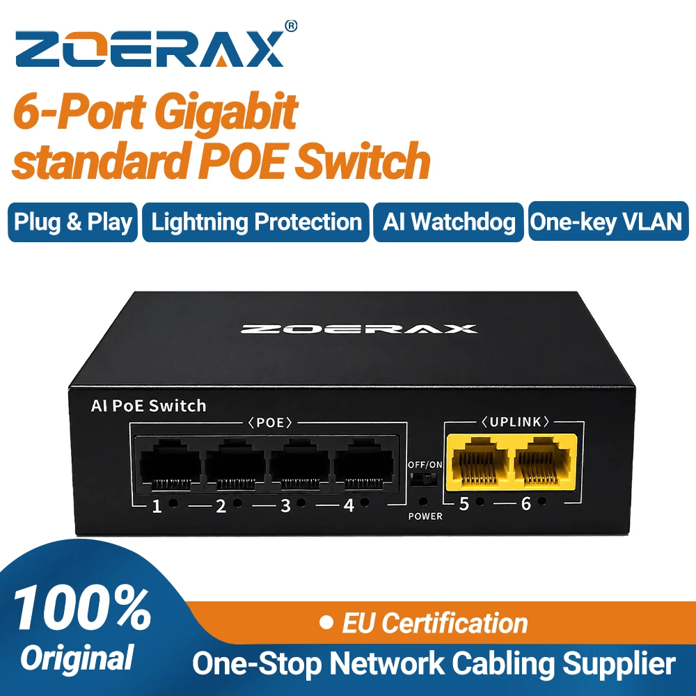 ZoeRax 6-Port Gigabit PoE+ Switch 4 PoE Ports + 2 Uplink Ports One Key VLAN AI Watchdog, Plug & Play, Power & Data Over Ethernet