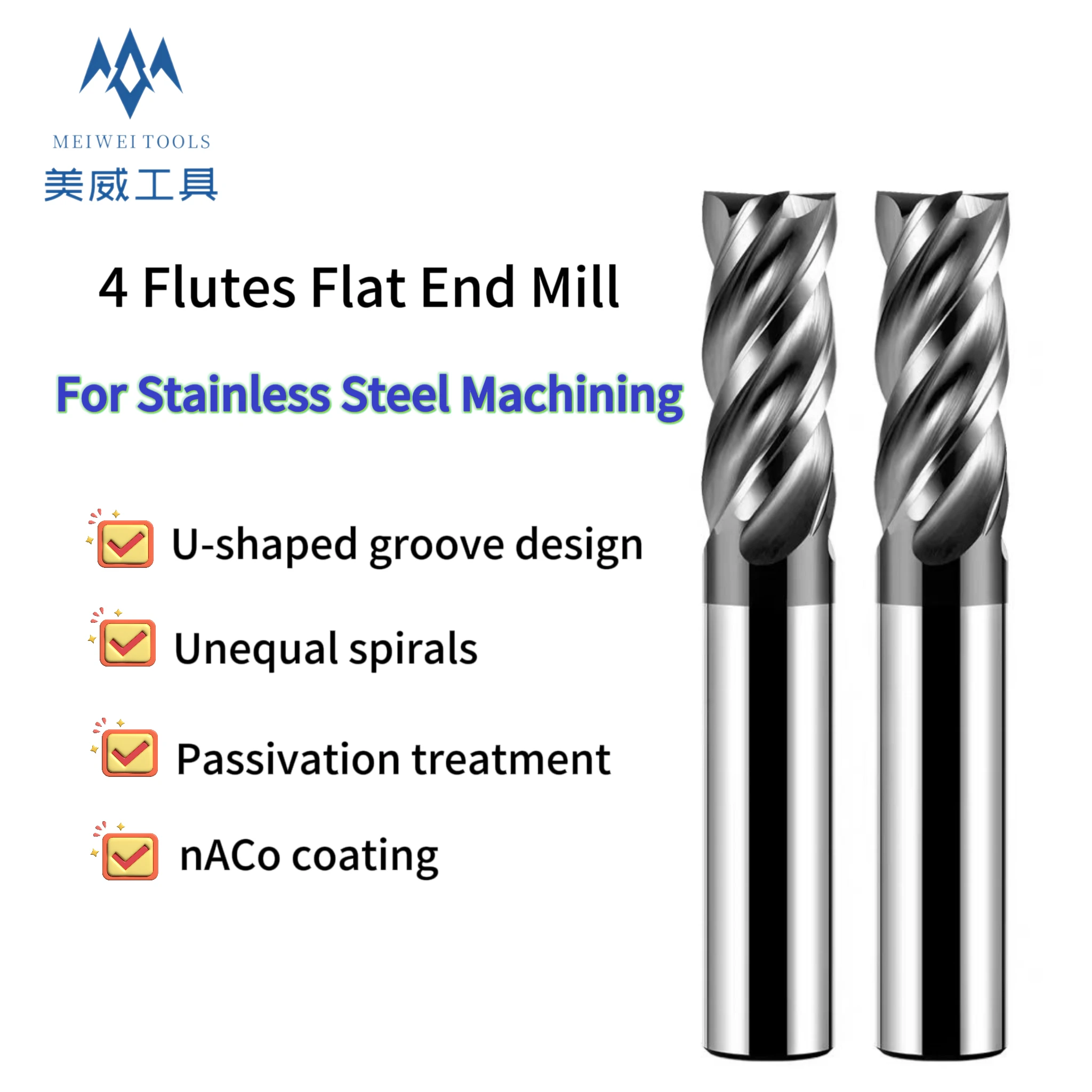 4 Flutes Solid Carbide Flat End Mill for Stainless Steel Machining CNC Milling Cutter  nACo Coating Long Length