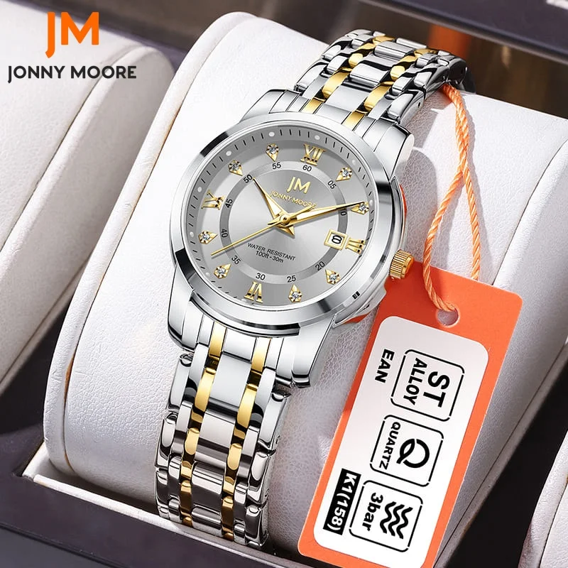 

JONNY MOORE J1035 Fashion Luxury Steel Strip Quartz Women's Watch with Diamond Inlaid Waterproof Calendar Diamond Women's Watch